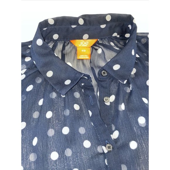 JOE FRESH Women's Sheer Navy Polka dot Small Half Button Down Collar 3/4 Sleeves - Picture 4 of 6
